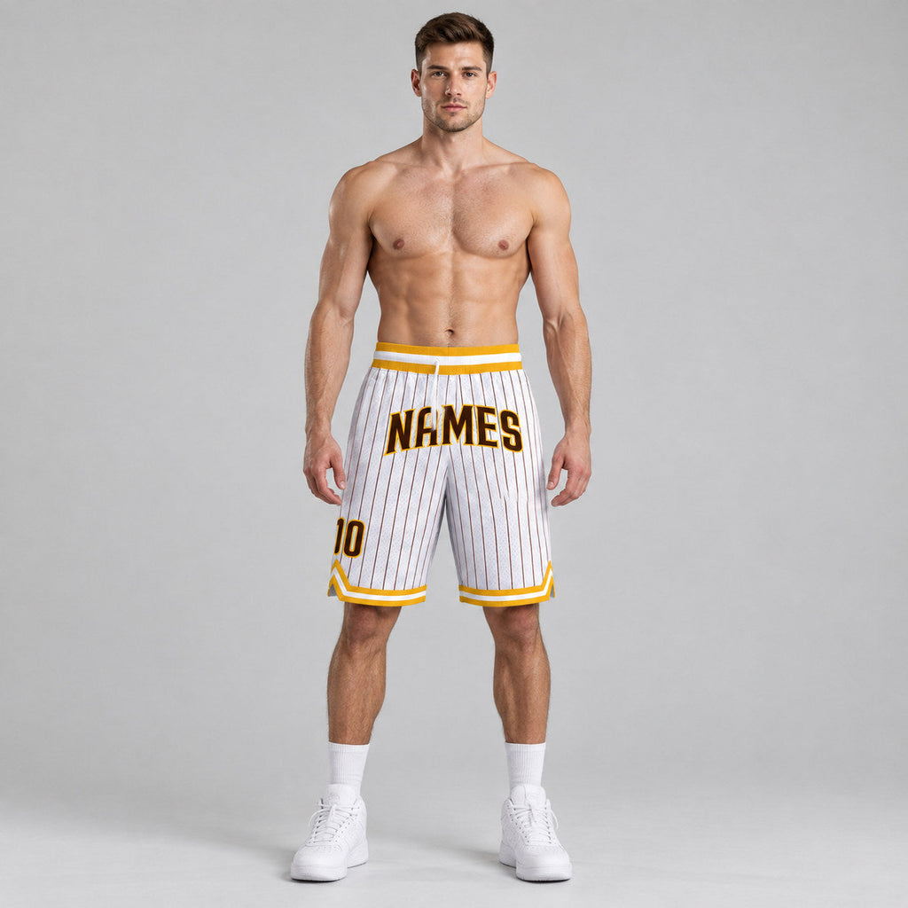 Custom White and Brown Pinstripe Authentic Basketball Shorts with Brown and Gold Lettering worn by male model