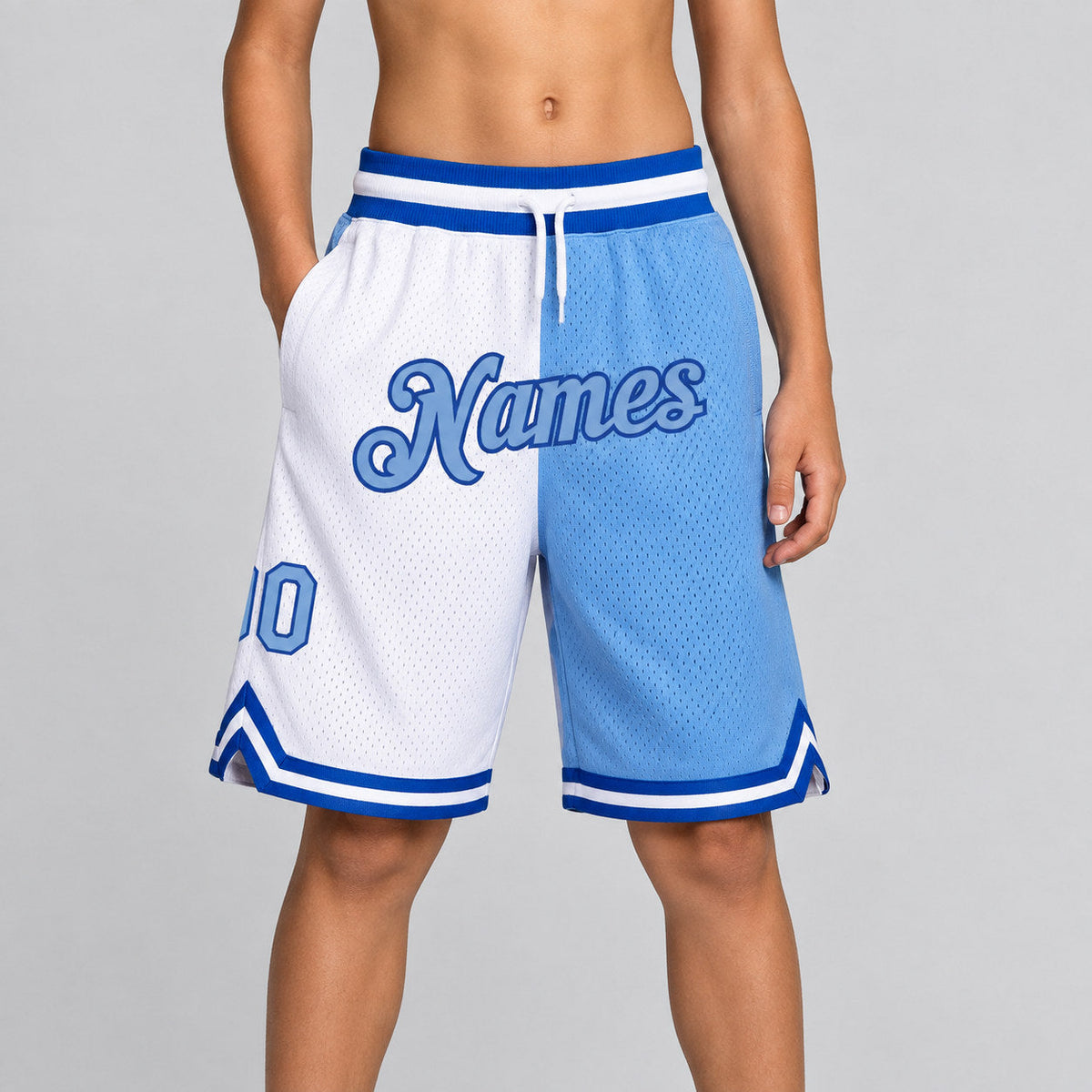 Custom White Authentic Throwback Basketball Shorts with Light Blue and Royal Lettering youth size worn by child model