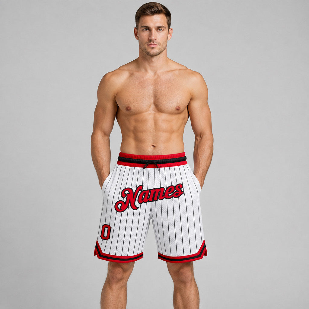 Custom White and Black Pinstripe Authentic Basketball Shorts with Red and Black Lettering worn by male model