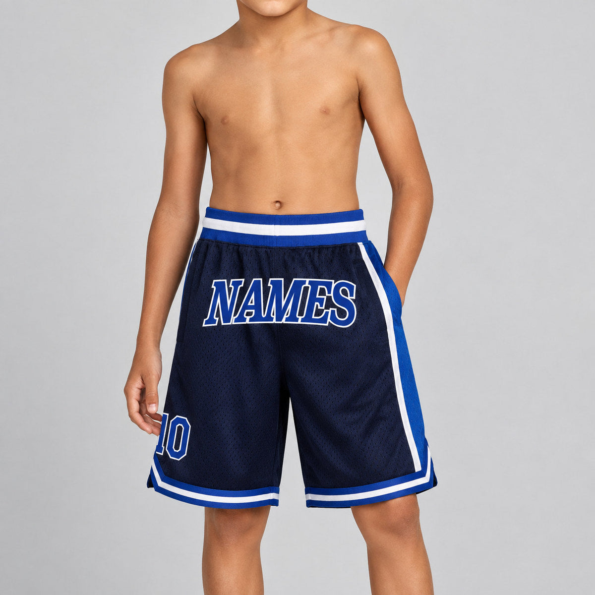 Custom Navy Authentic Throwback Basketball Shorts with Royal and White Lettering Design 0240 youth size worn by child model