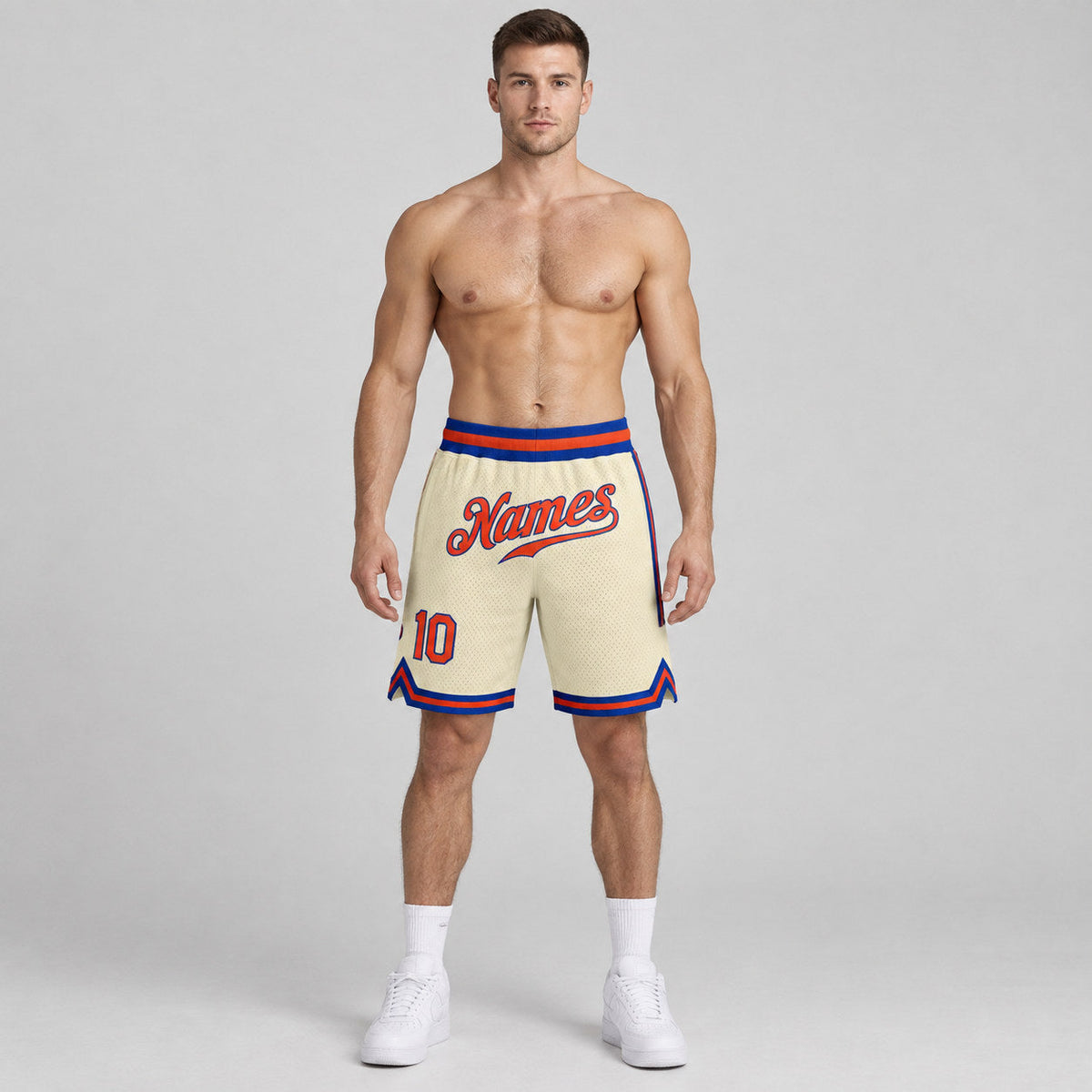 Custom Cream Authentic Throwback Basketball Shorts with Orange and Royal Lettering Design 0084 worn by male model