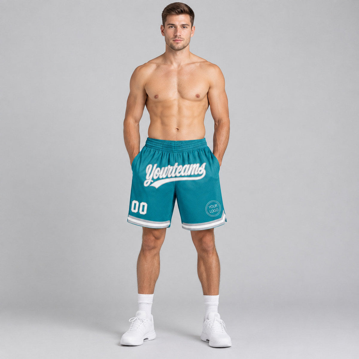 Custom Teal Authentic Throwback Basketball Shorts with White and Gray Lettering worn by male model