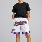 Custom White and Purple Authentic Throwback Basketball Shorts with Old Gold and Black Lettering youth size worn by child model