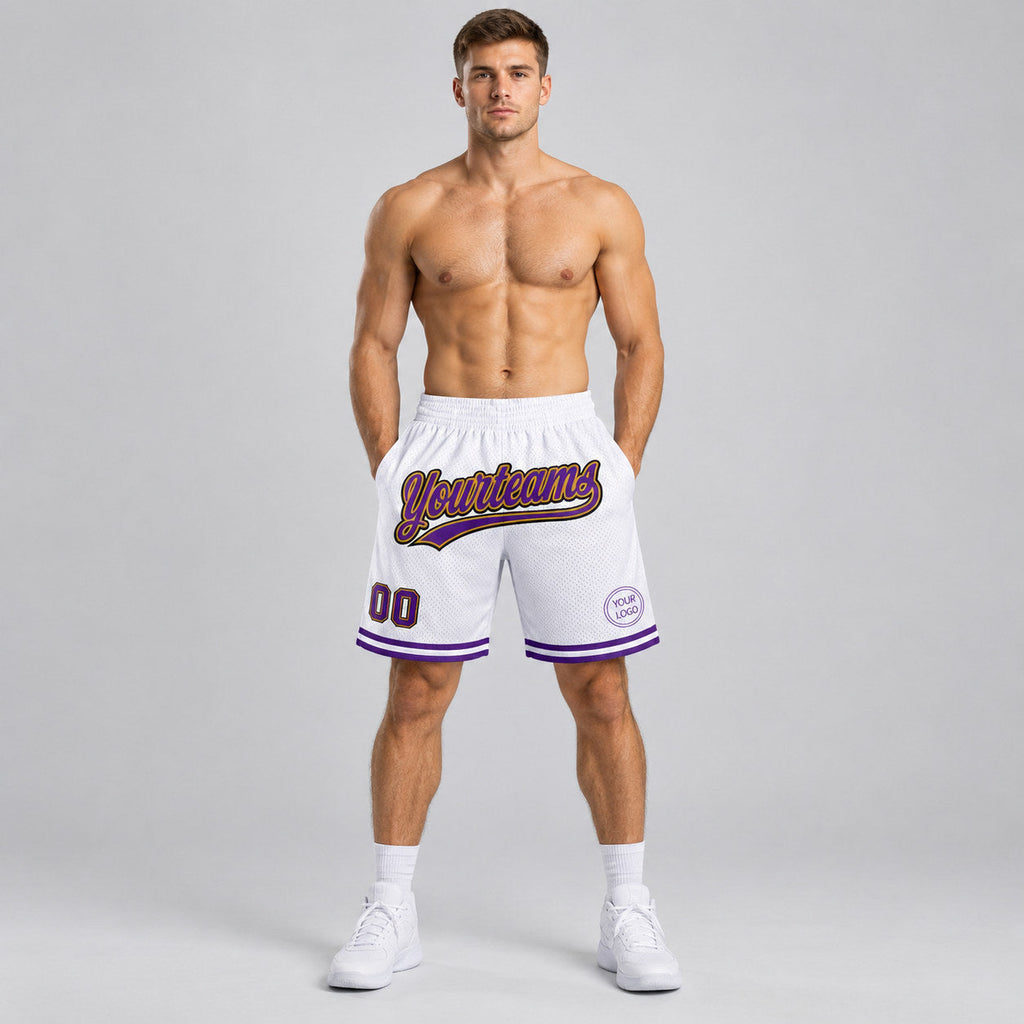 Custom White and Purple Authentic Throwback Basketball Shorts with Old Gold and Black Lettering worn by male model