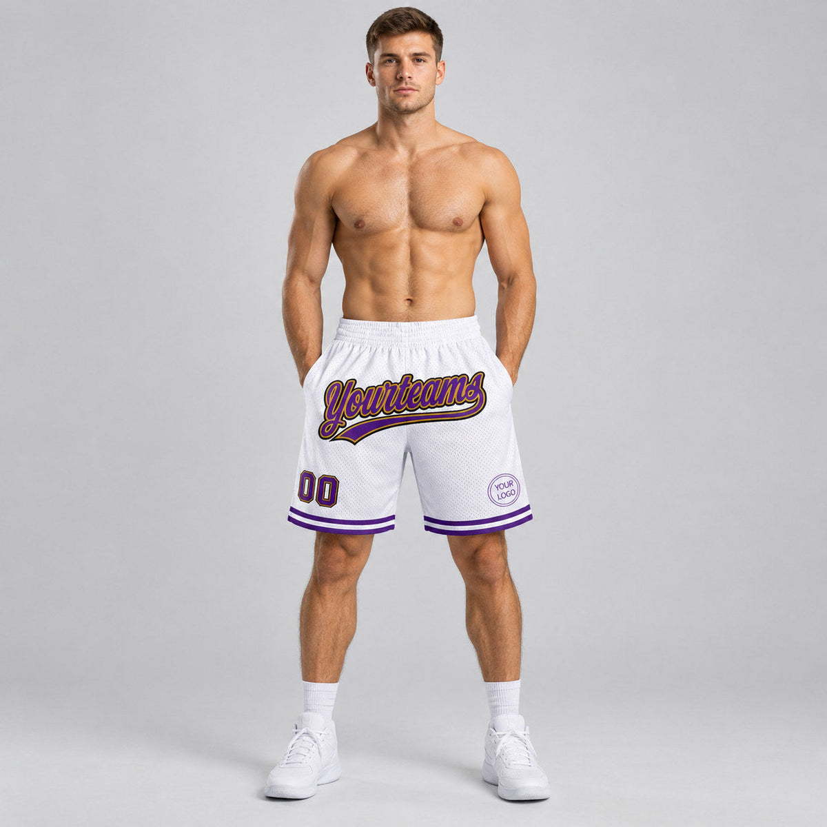 Custom White and Purple Authentic Throwback Basketball Shorts with Old Gold and Black Lettering worn by male model