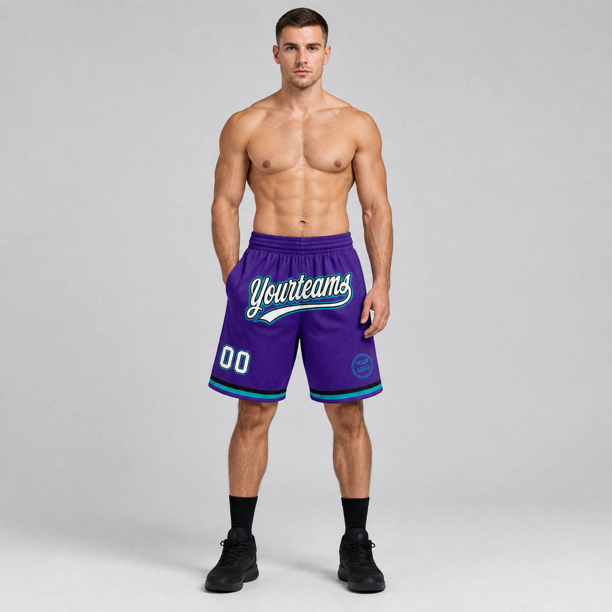 Custom Purple and White Authentic Throwback Basketball Shorts with Black and Teal Lettering worn by male model