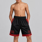 Custom Black Authentic Throwback Basketball Shorts with Red Lettering youth size worn by child model