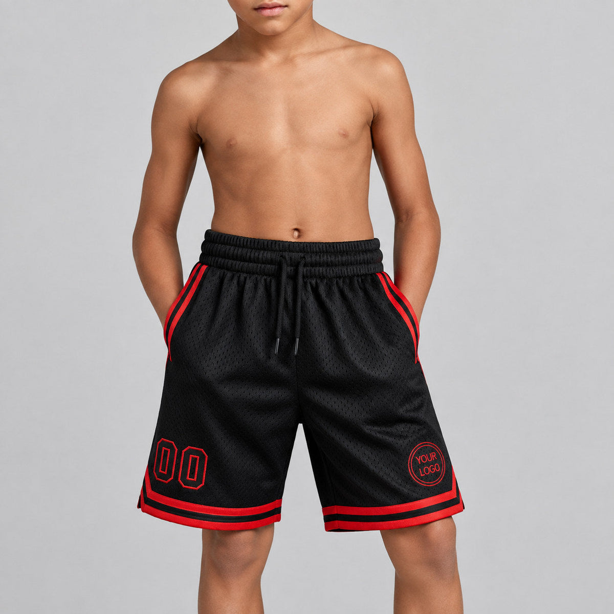 Custom Black Authentic Throwback Basketball Shorts with Red Lettering youth size worn by child model