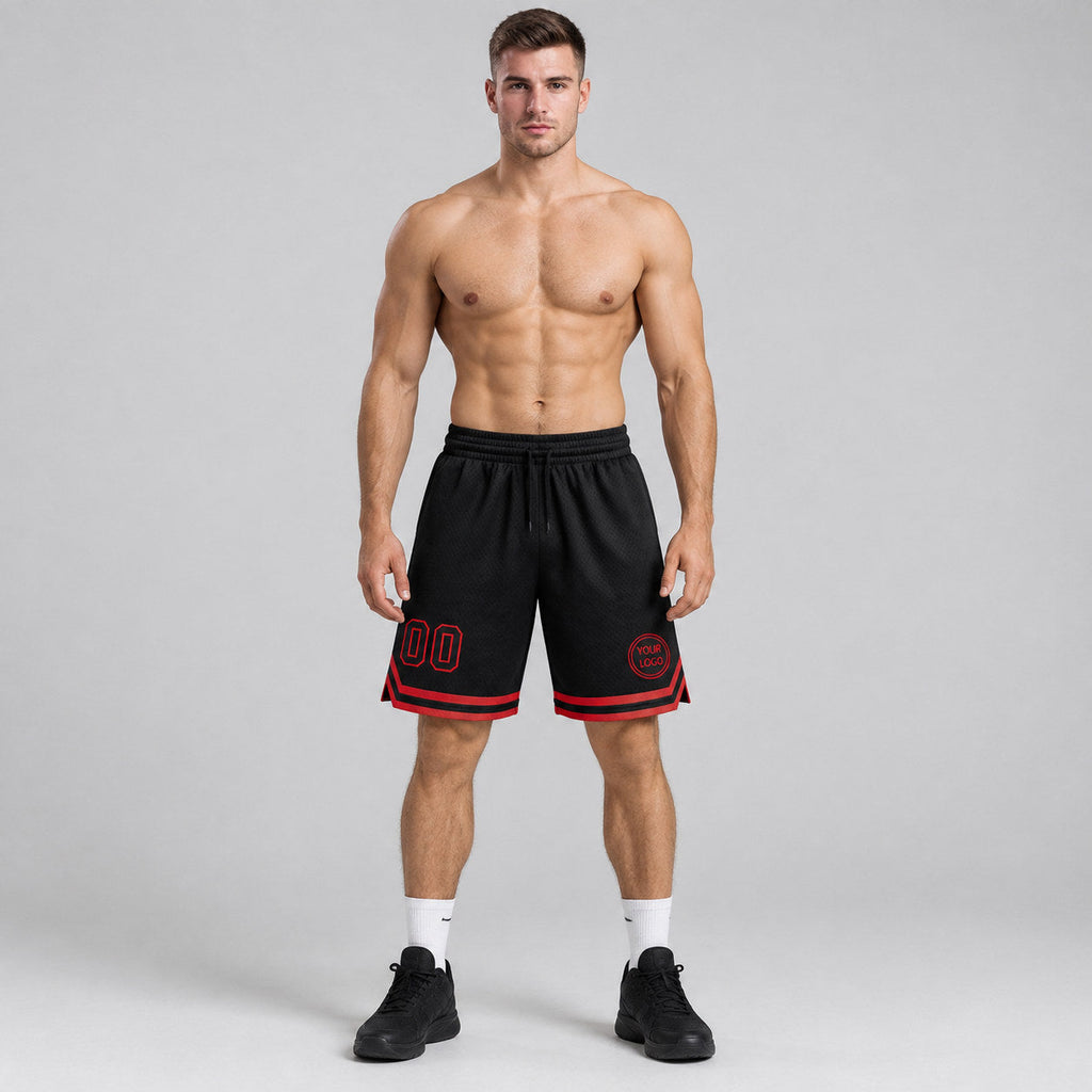 Custom Black Authentic Throwback Basketball Shorts with Red Lettering worn by male model