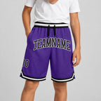Custom Purple Authentic Throwback Basketball Shorts with Black and White Lettering Design 0331 youth size worn by child model