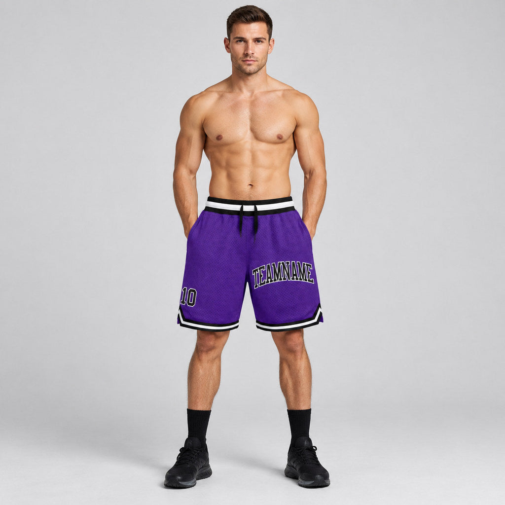 Custom Purple Authentic Throwback Basketball Shorts with Black and White Lettering Design 0331 worn by male model