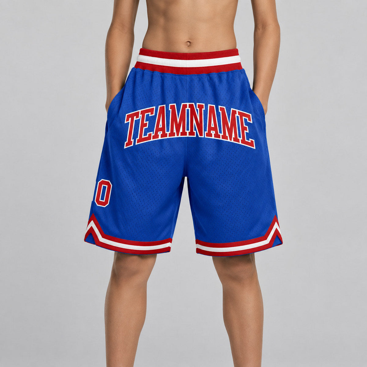 Custom Blue Authentic Throwback Basketball Shorts with Red and White Lettering youth size worn by child model