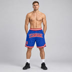 Custom Blue Authentic Throwback Basketball Shorts with Red and White Lettering worn by male model