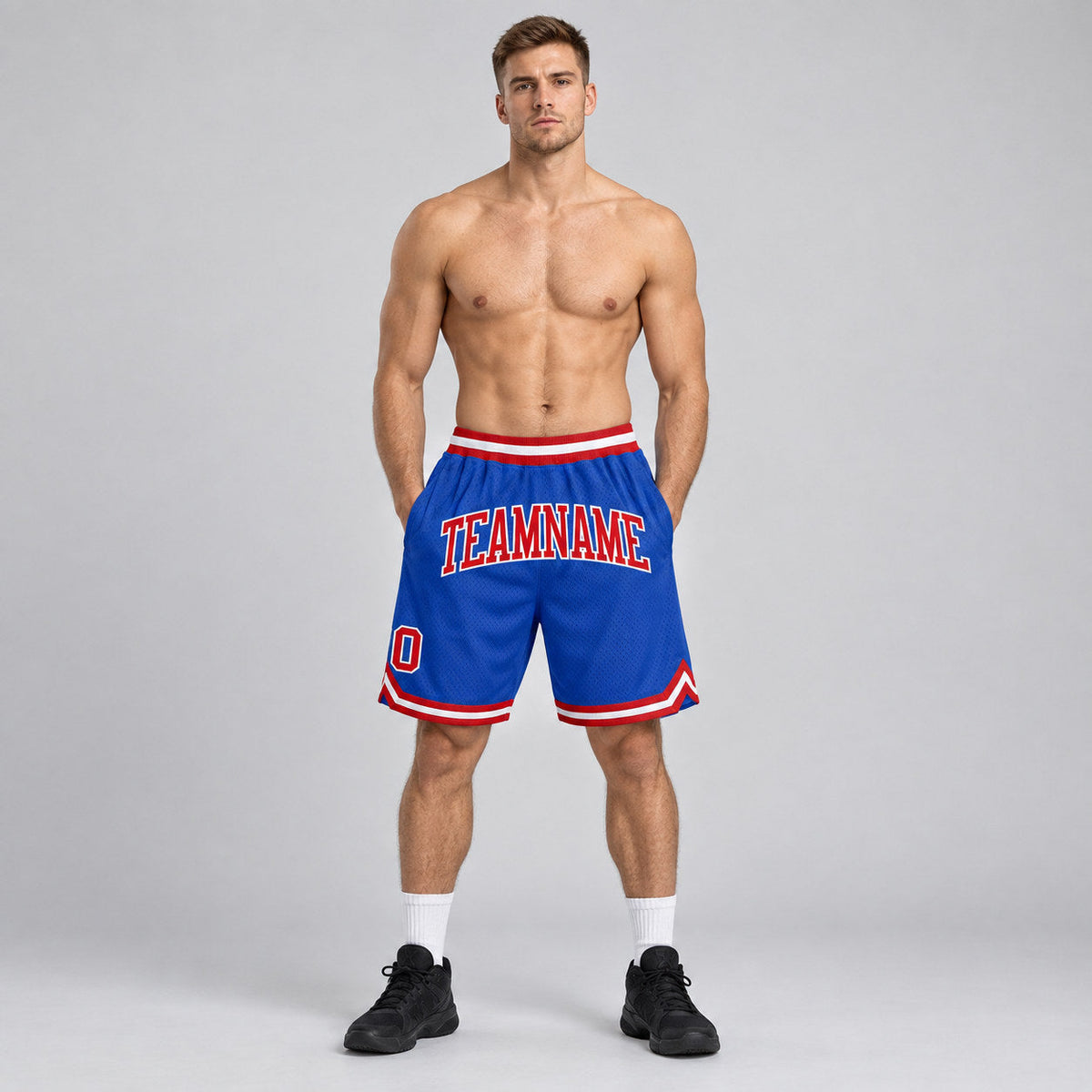 Custom Blue Authentic Throwback Basketball Shorts with Red and White Lettering worn by male model