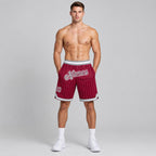 Custom Maroon and White Pinstripe Authentic Basketball Shorts with Gray and White Lettering worn by male model