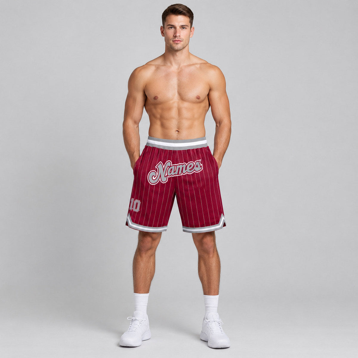 Custom Maroon and White Pinstripe Authentic Basketball Shorts with Gray and White Lettering worn by male model