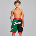 Custom Kelly Green Authentic Throwback Basketball Shorts with White and Black Lettering youth size worn by child model