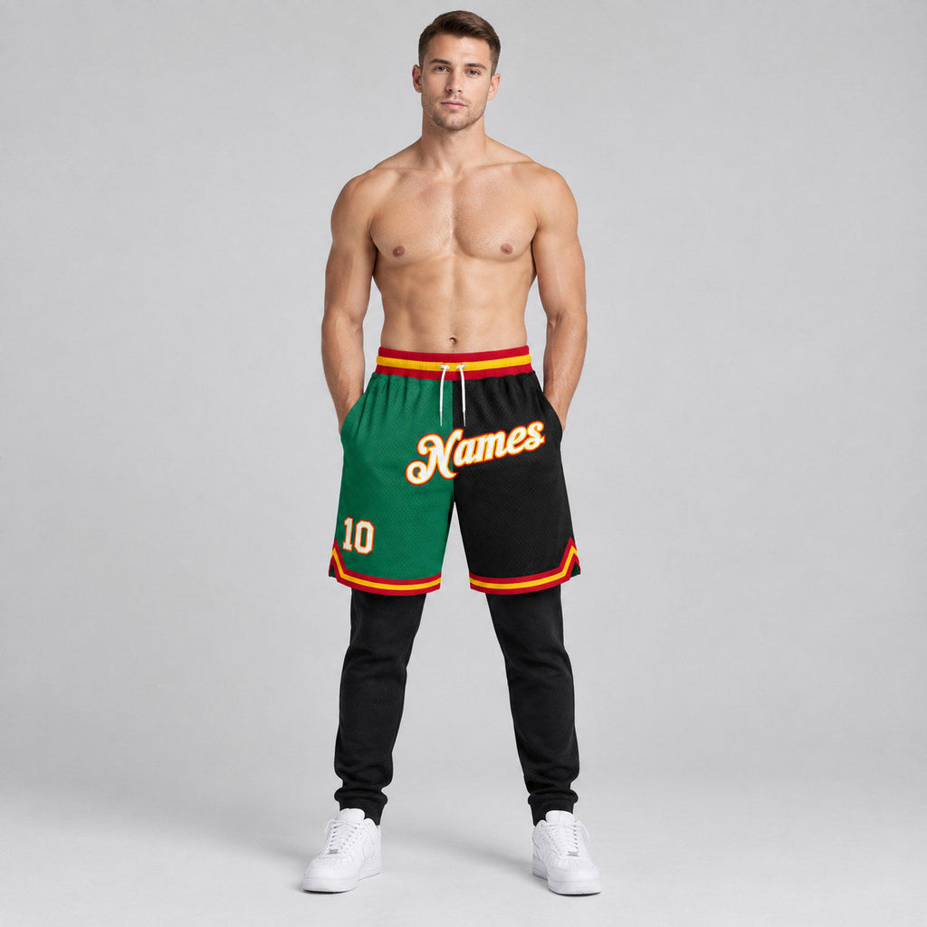 Custom Kelly Green Authentic Throwback Basketball Shorts with White and Black Lettering worn by male model