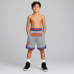 Custom Gray Authentic Throwback Basketball Shorts with Orange and Royal Lettering youth size worn by child model