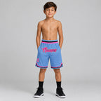 Custom Light Blue Authentic Throwback Basketball Shorts with Pink and Black Lettering Design 0093 youth size worn by child model