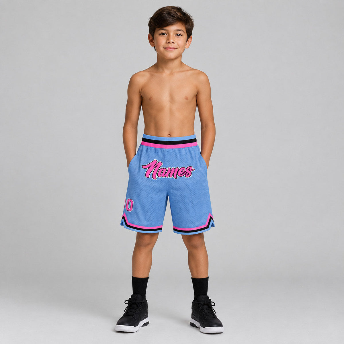 Custom Light Blue Authentic Throwback Basketball Shorts with Pink and Black Lettering Design 0093 youth size worn by child model