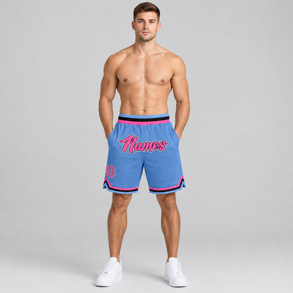 Custom Light Blue Authentic Throwback Basketball Shorts with Pink and Black Lettering Design 0093 worn by male model