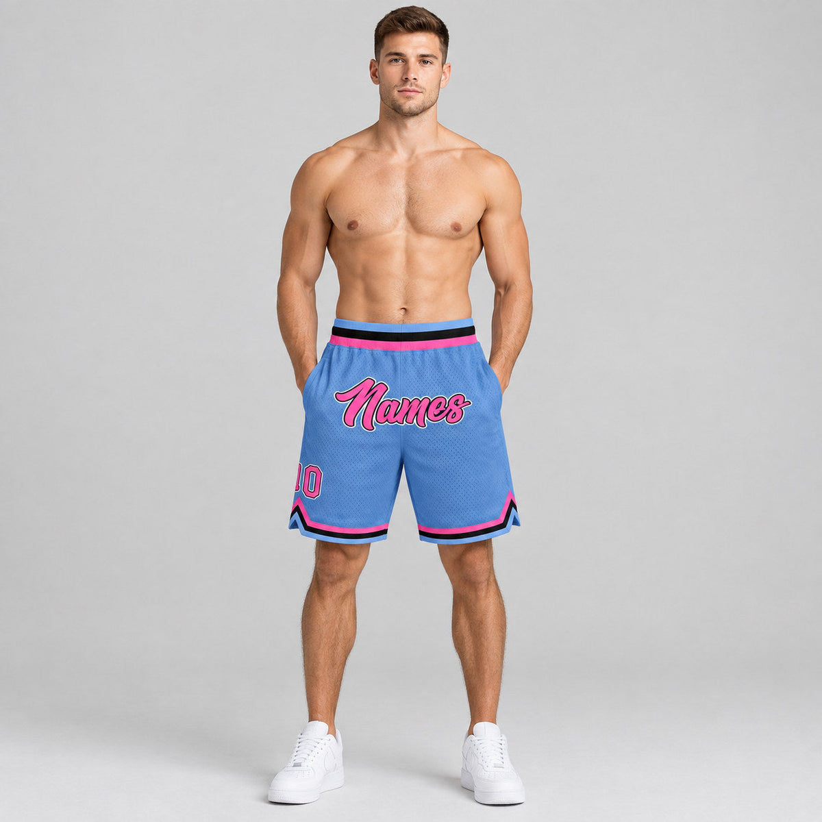 Custom Light Blue Authentic Throwback Basketball Shorts with Pink and Black Lettering Design 0093 worn by male model