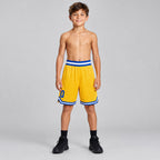 Custom Gold Authentic Throwback Basketball Shorts with Royal and White Lettering Design 0069 youth size worn by child model