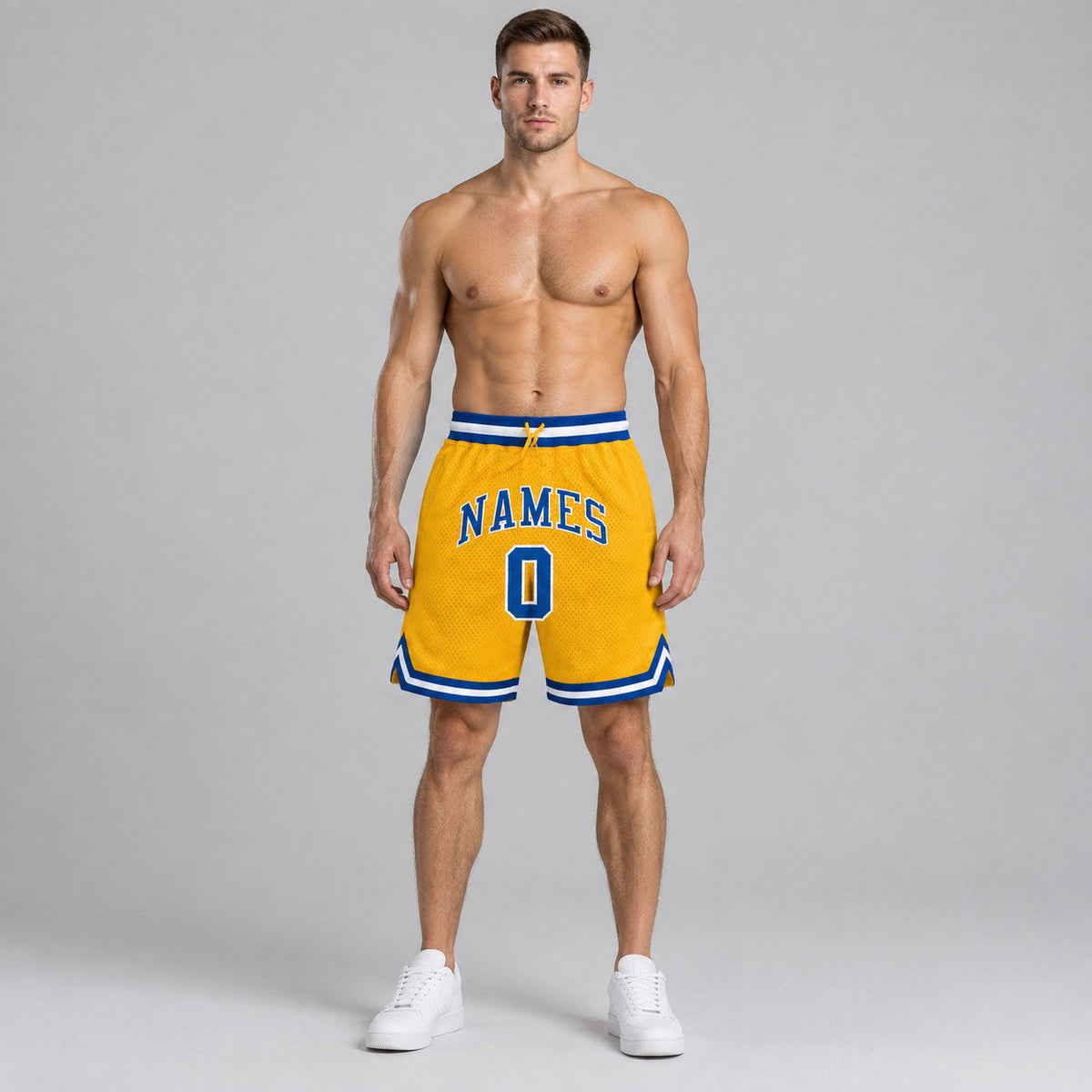 Custom Gold Authentic Throwback Basketball Shorts with Royal and White Lettering Design 0069 worn by male model