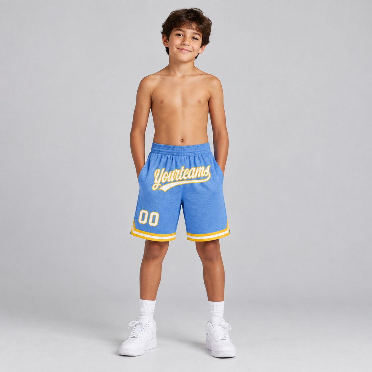 Custom Light Blue Authentic Throwback Basketball Shorts with White and Gold Lettering Design 0427 youth size worn by child model