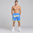 Custom Light Blue Authentic Throwback Basketball Shorts with White and Gold Lettering Design 0427 worn by male model