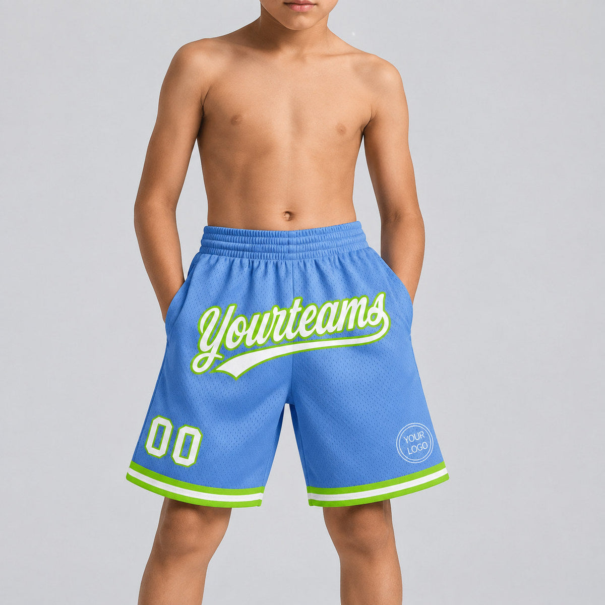 Custom Light Blue Authentic Throwback Basketball Shorts with White and Neon Green Lettering youth size worn by child model