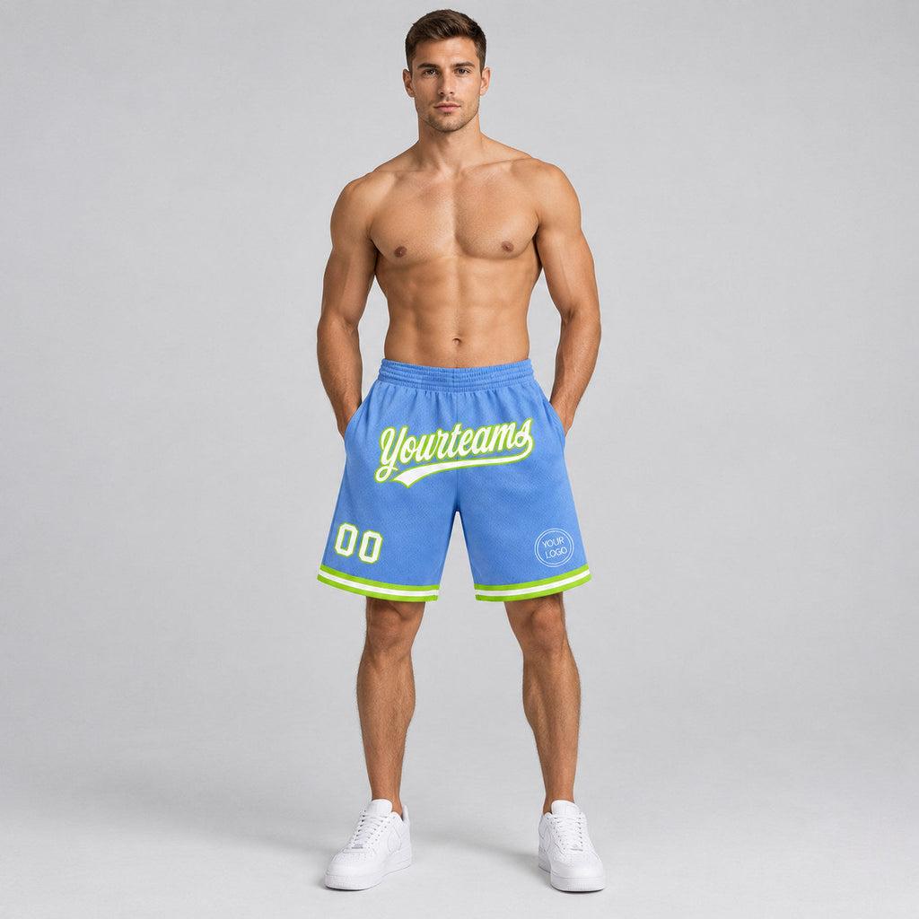Custom Light Blue Authentic Throwback Basketball Shorts with White and Neon Green Lettering worn by male model