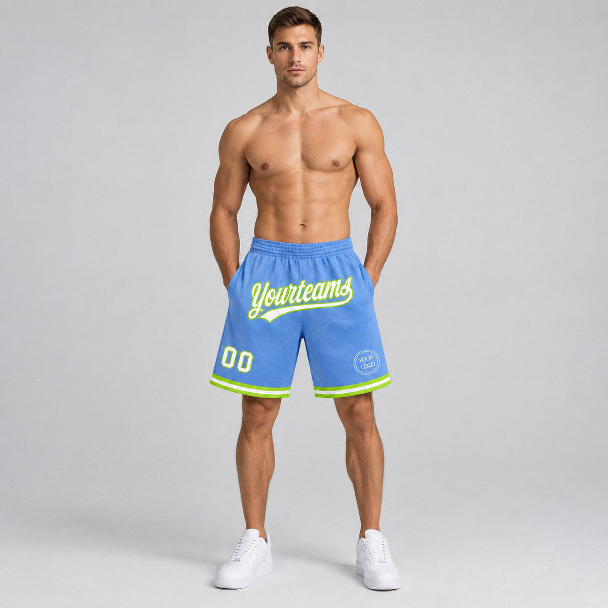 Custom Light Blue Authentic Throwback Basketball Shorts with White and Neon Green Lettering worn by male model