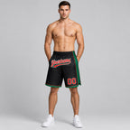 Custom Black Authentic Basketball Shorts with Red and Kelly Green Lettering worn by male model