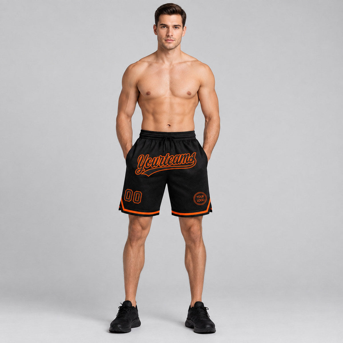 Custom Black Authentic Throwback Basketball Shorts with Orange Lettering Design 1404 worn by male model