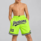 Custom Neon Green Authentic Throwback Basketball Shorts with Black and White Lettering Design 0118 youth size worn by child model