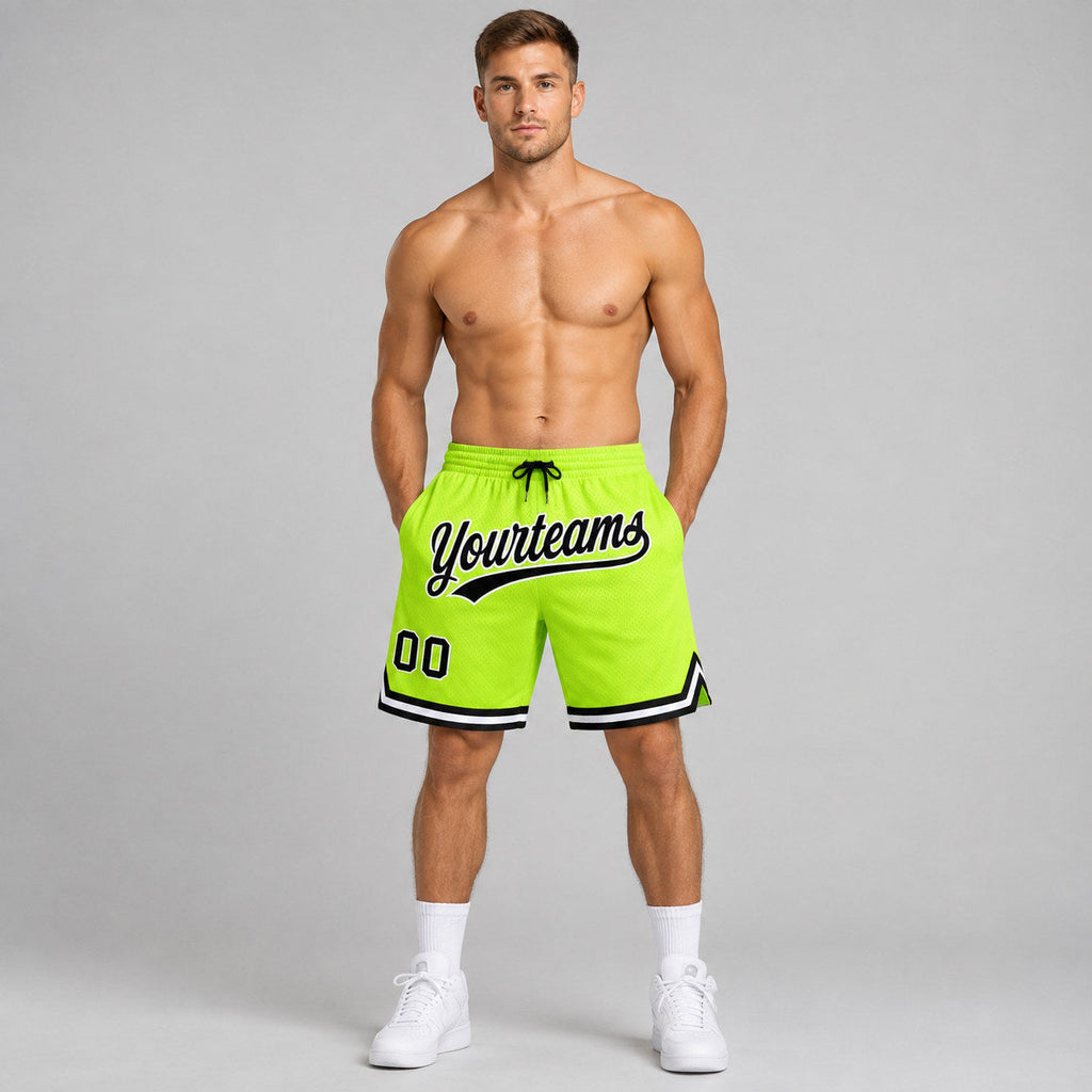 Custom Neon Green Authentic Throwback Basketball Shorts with Black and White Lettering Design 0118 worn by male model