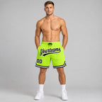 Custom Neon Green Authentic Throwback Basketball Shorts with Black and White Lettering Design 0118 worn by male model
