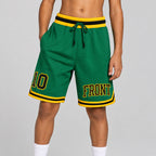 Custom Kelly Green Authentic Throwback Basketball Shorts with Black and Gold Lettering youth size worn by child model