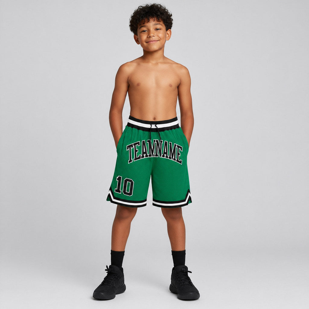 Custom Kelly Green Authentic Throwback Basketball Shorts with Black and White Lettering Design 0330 youth size worn by child model
