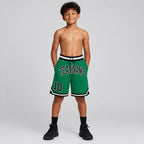 Custom Kelly Green Authentic Throwback Basketball Shorts with Black and White Lettering Design 0330 youth size worn by child model