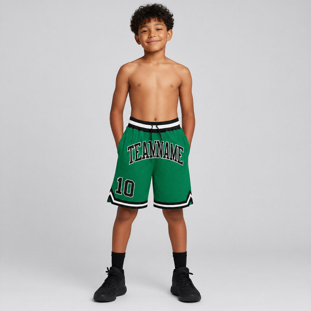 Custom Kelly Green Authentic Throwback Basketball Shorts with Black and White Lettering Design 0330 youth size worn by child model