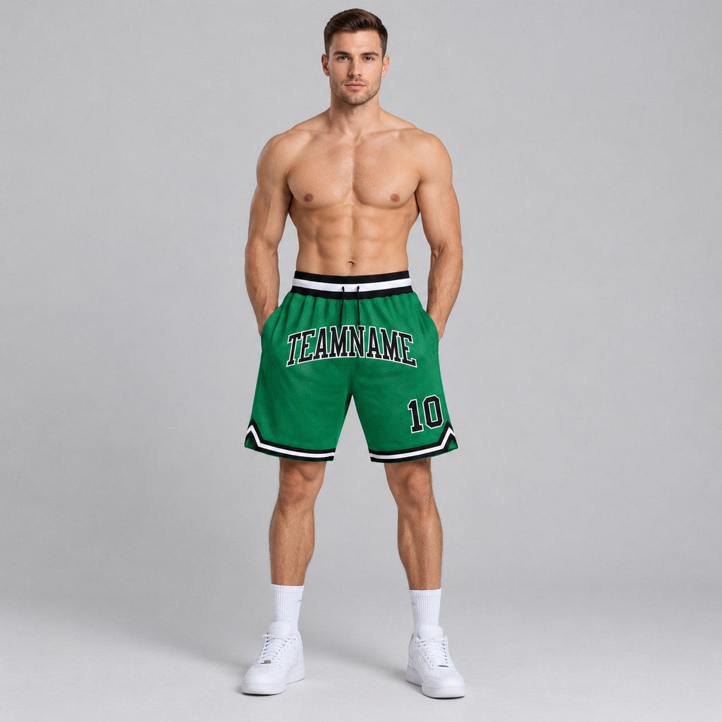 Custom Kelly Green Authentic Throwback Basketball Shorts with Black and White Lettering Design 0330 worn by male model