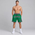 Custom Kelly Green Authentic Throwback Basketball Shorts with Black and White Lettering Design 0330 worn by male model