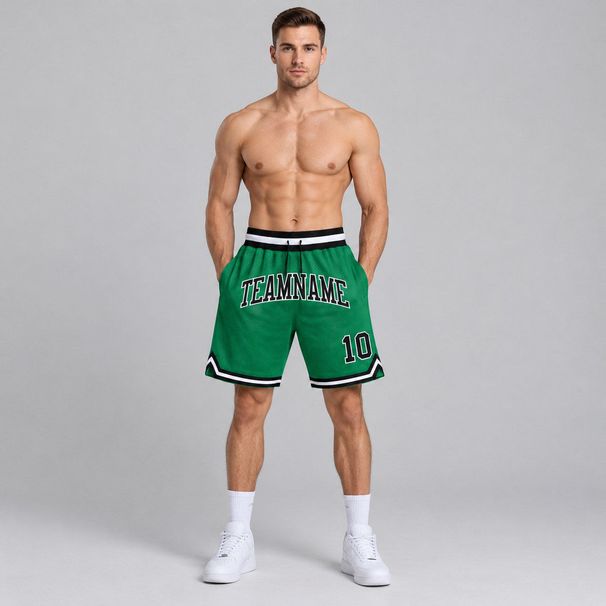 Custom Kelly Green Authentic Throwback Basketball Shorts with Black and White Lettering Design 0330 worn by male model