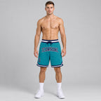 Custom Teal Authentic Throwback Basketball Shorts with Navy and White Lettering worn by male model
