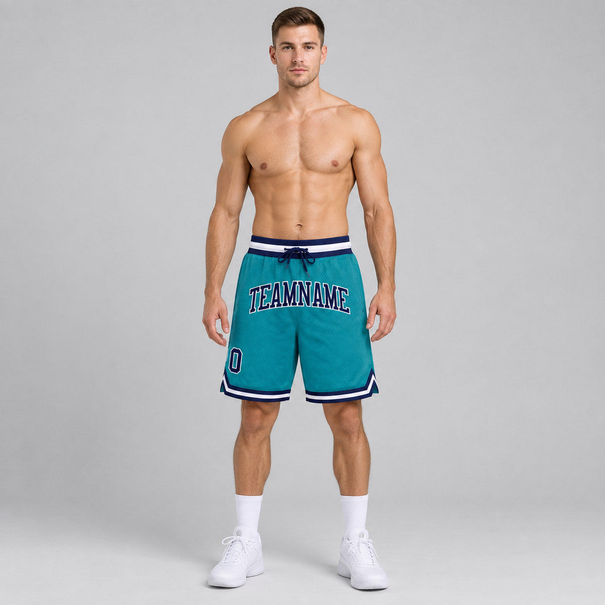 Custom Teal Authentic Throwback Basketball Shorts with Navy and White Lettering worn by male model