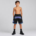 Custom Black Authentic Throwback Basketball Shorts with Purple and Teal Lettering Design 1270 youth size worn by child model