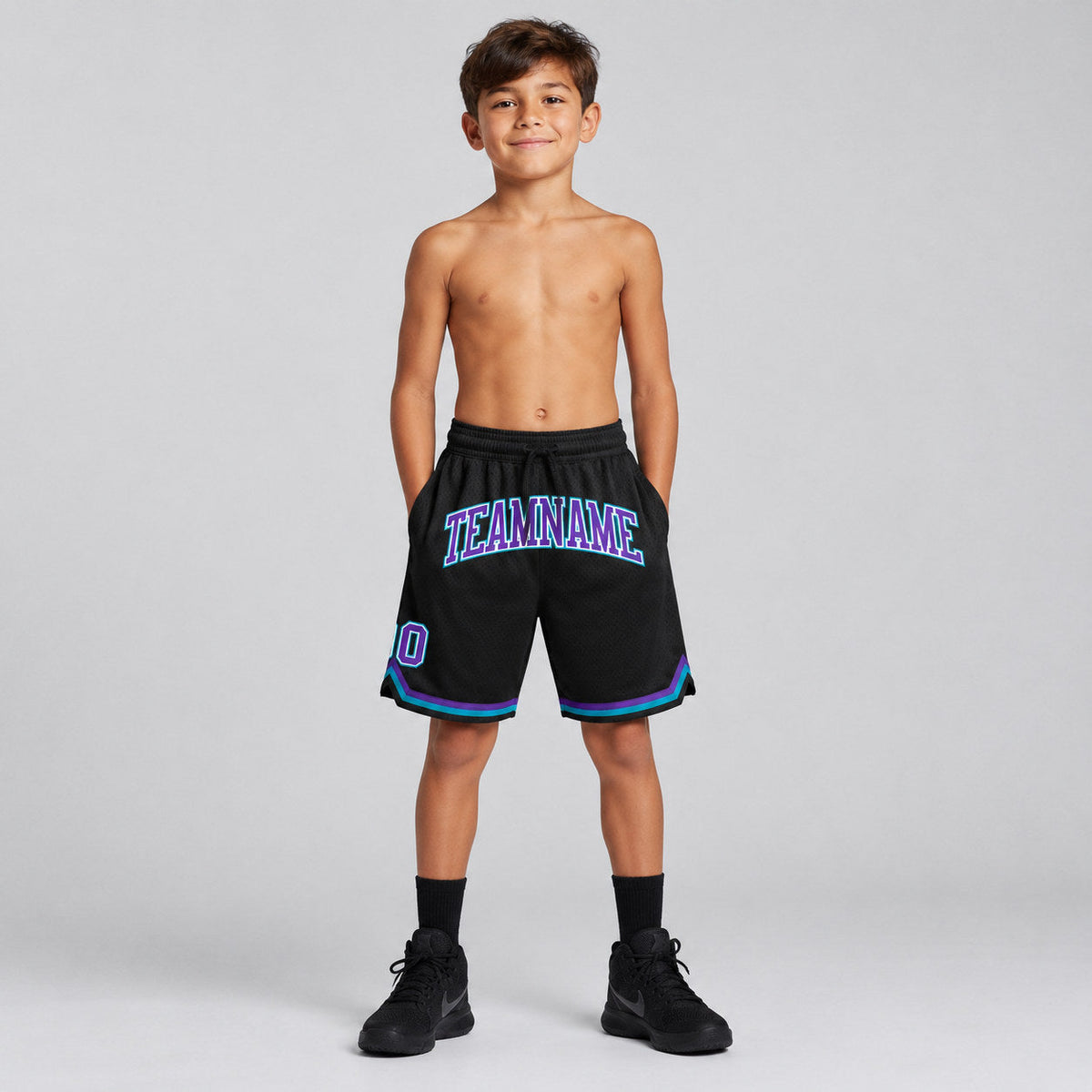 Custom Black Authentic Throwback Basketball Shorts with Purple and Teal Lettering Design 1270 youth size worn by child model